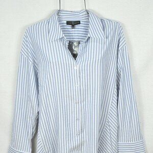 Fred David Women's Button Up Shirt L Blue Striped Long Sleeve Top Blouse